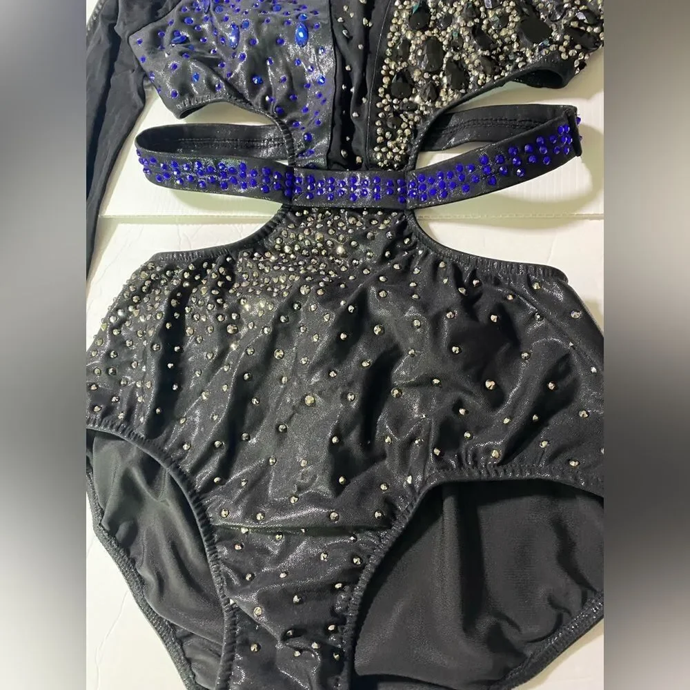 Glamour Adult LA Solo Dance Costume Black Blue Mesh Sleeve Contemporary Jazz
